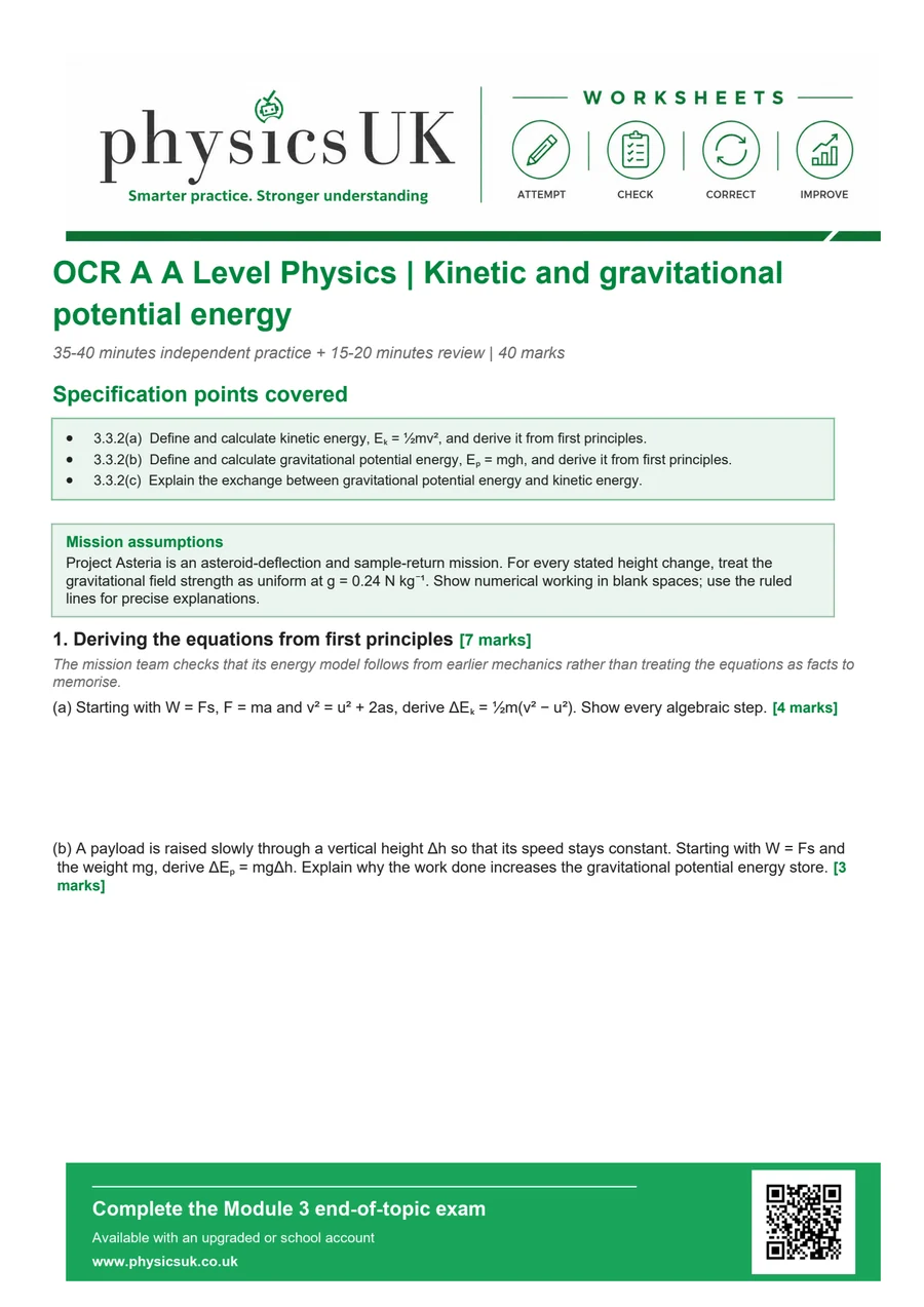 Preview of OCR A A Level Physics Kinetic and Gravitational Potential Energy Worksheet