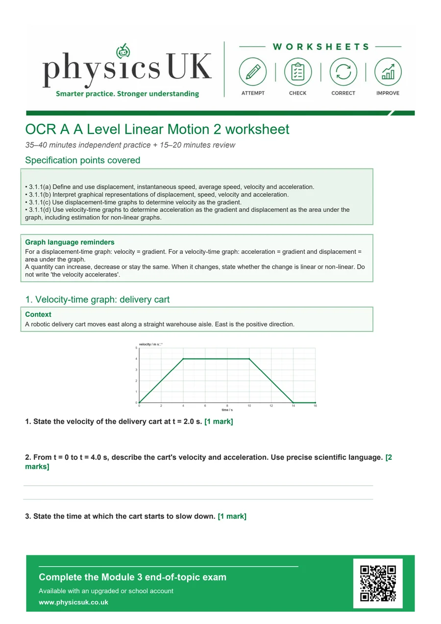 Preview of OCR A A Level Physics Linear Motion 2: Motion Graphs Worksheet