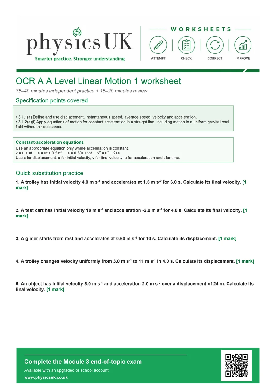 Preview of OCR A A Level Physics Linear Motion and SUVAT Equations Worksheet