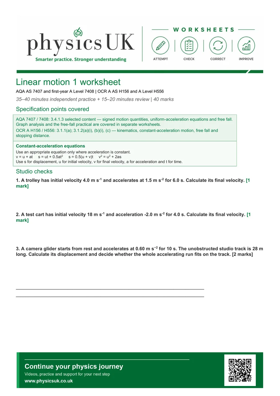 Preview of Linear Motion and SUVAT Equations Worksheet