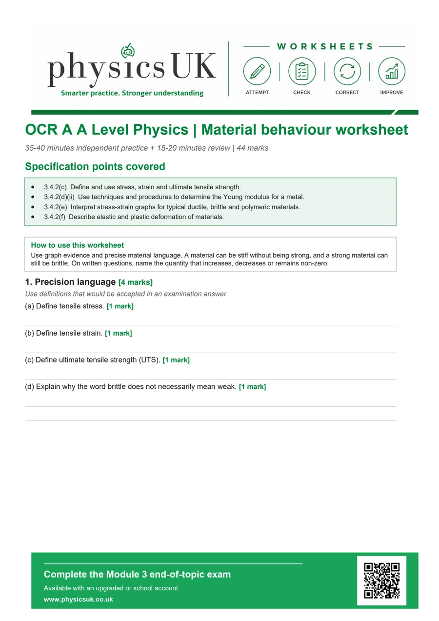 Preview of OCR A A Level Physics Material Behaviour Worksheet