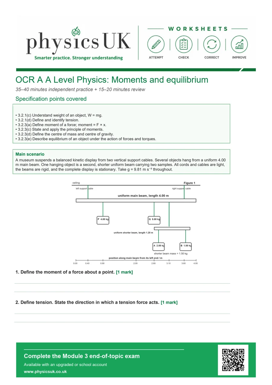 Preview of OCR A A Level Physics Moments and Equilibrium Worksheet
