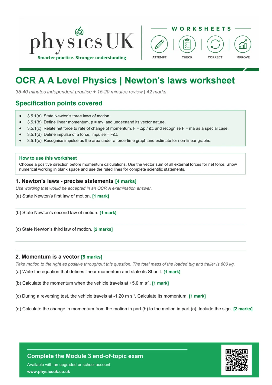 Preview of OCR A A Level Physics Newton's Laws Worksheet