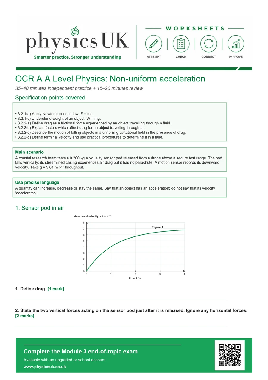 Preview of OCR A A Level Physics Non-Uniform Acceleration and Terminal Velocity Worksheet