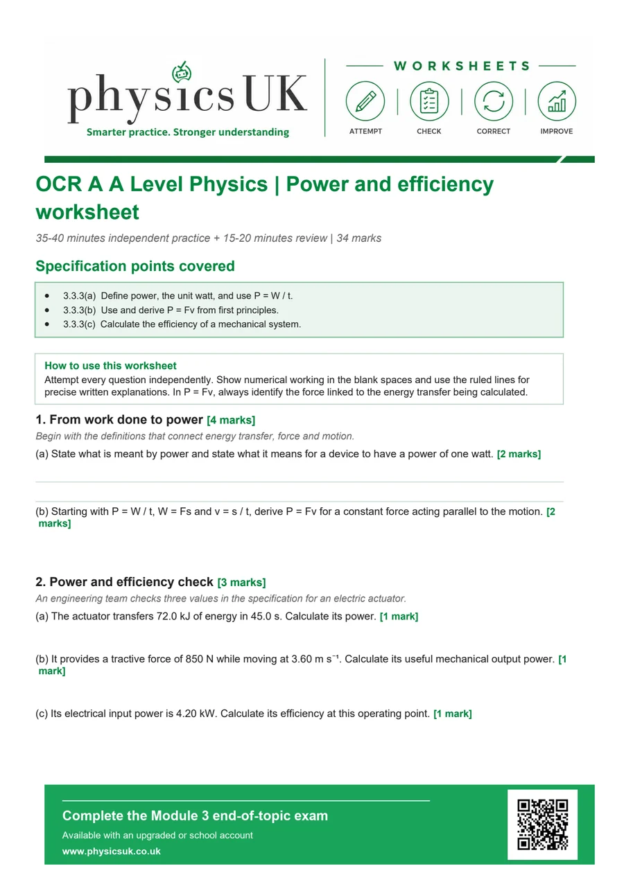 Preview of OCR A A Level Physics Power and Efficiency Worksheet