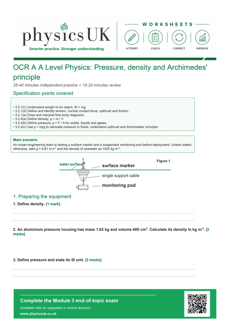 Preview of OCR A A Level Physics Pressure, Density and Archimedes' Principle Worksheet
