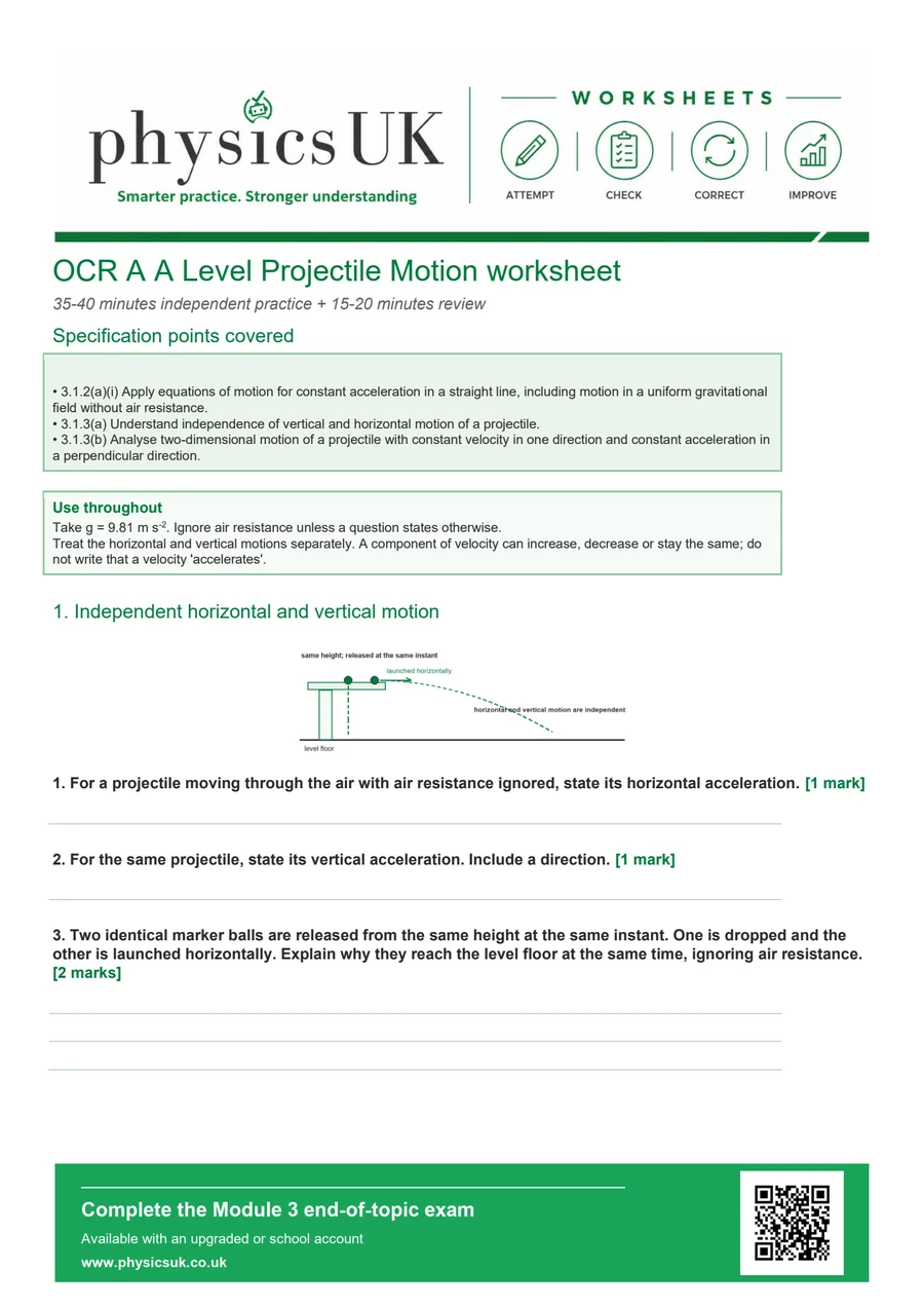 Preview of OCR A A Level Physics Projectile Motion Worksheet