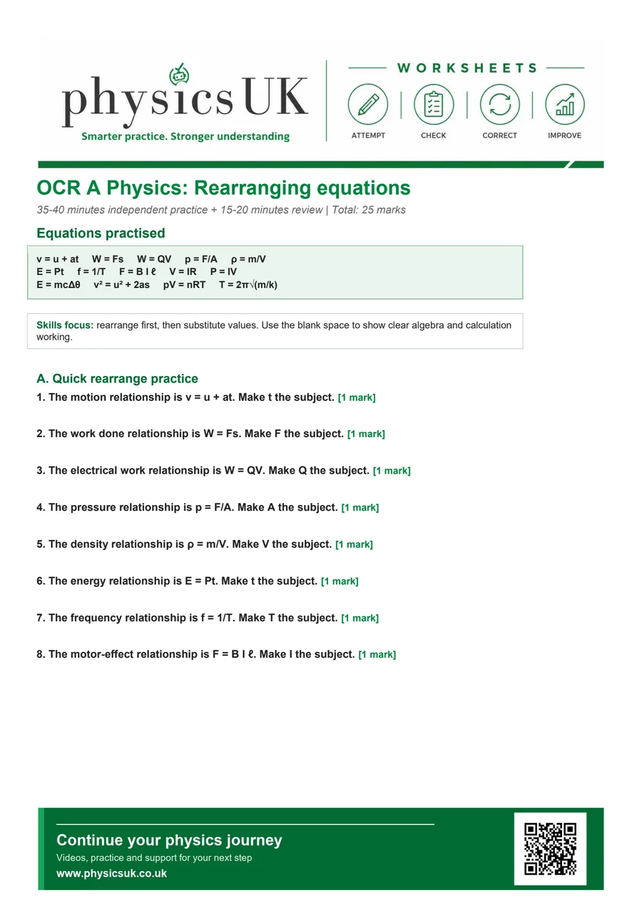 Preview of OCR A A Level Physics Rearranging Equations Worksheet