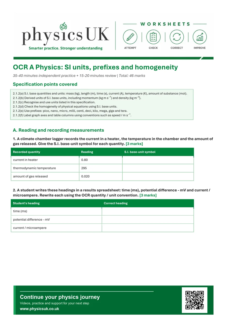 Preview of OCR A A Level Physics SI Units, Prefixes and Homogeneity Worksheet