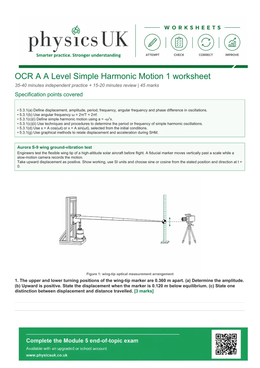 Preview of OCR A A Level Physics Simple Harmonic Motion 1 Worksheet