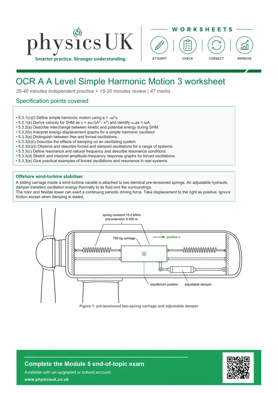 Preview of OCR A A Level Physics Simple Harmonic Motion 3 Worksheet