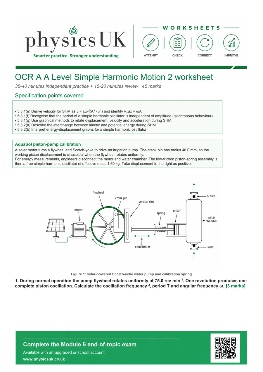 Preview of OCR A A Level Physics Simple Harmonic Motion 2 Worksheet
