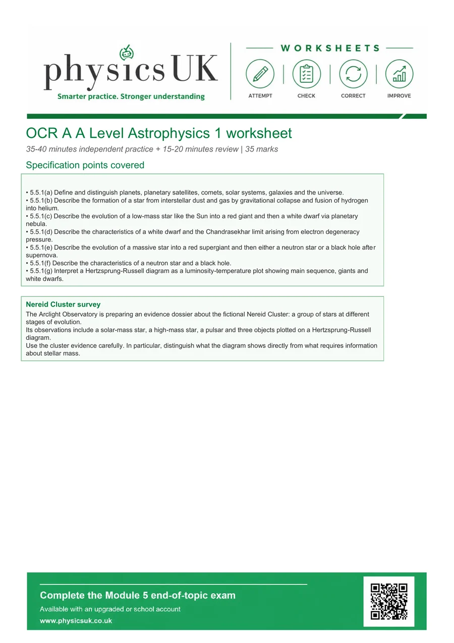 Preview of OCR A A Level Physics Astrophysics 1: Stellar Evolution Worksheet