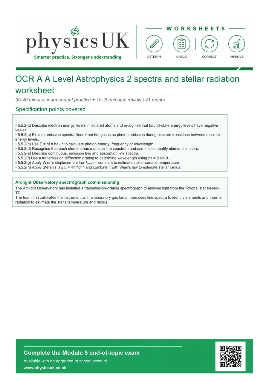 Preview of OCR A A Level Physics Astrophysics 2: Spectra and Stellar Radiation Worksheet