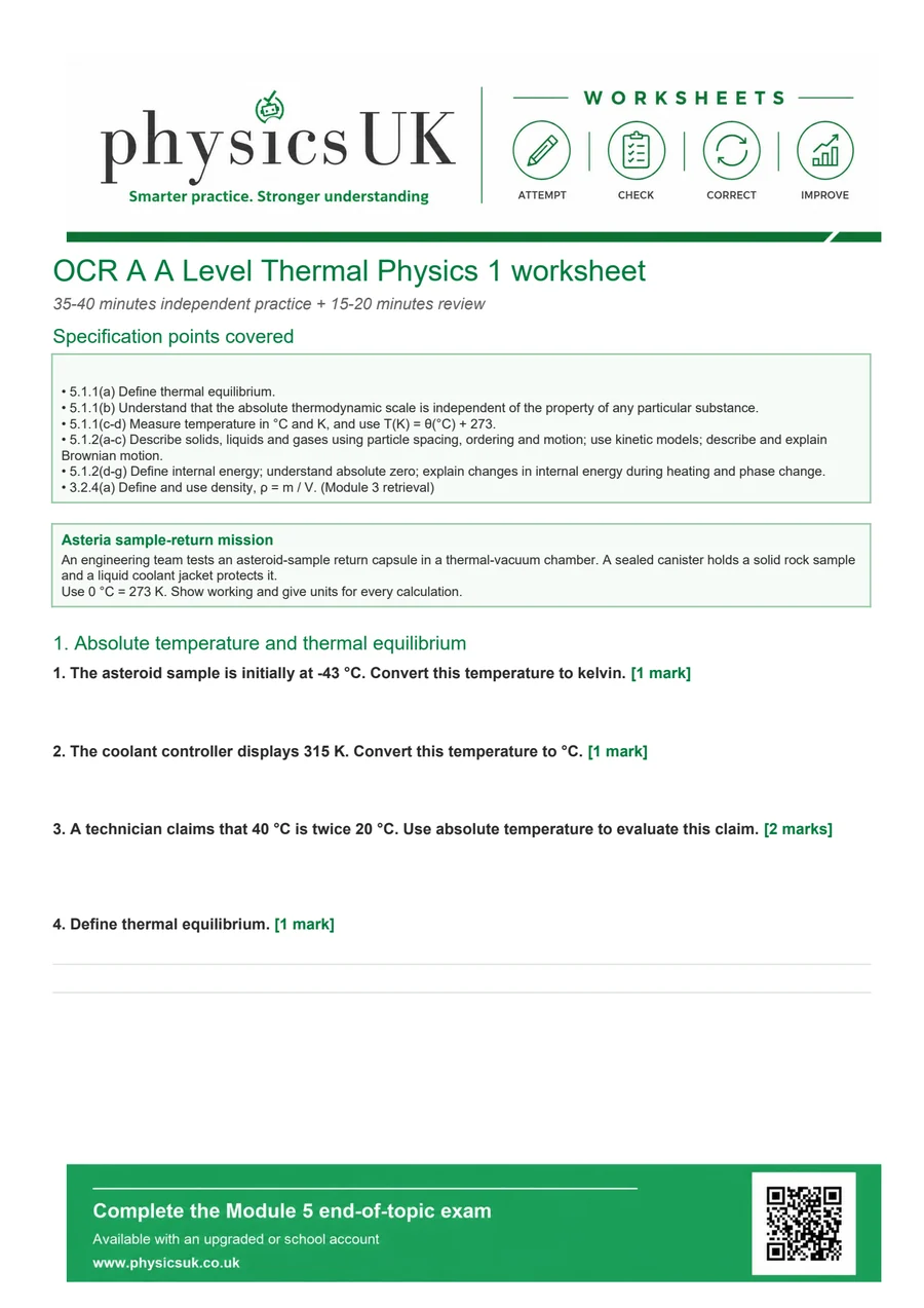 Preview of OCR A A Level Physics Thermal Physics 1 Worksheet