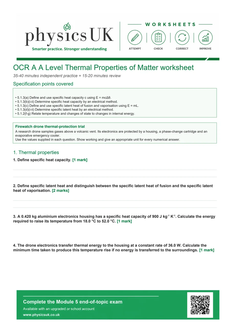 Preview of OCR A A Level Physics Thermal Properties of Matter Worksheet