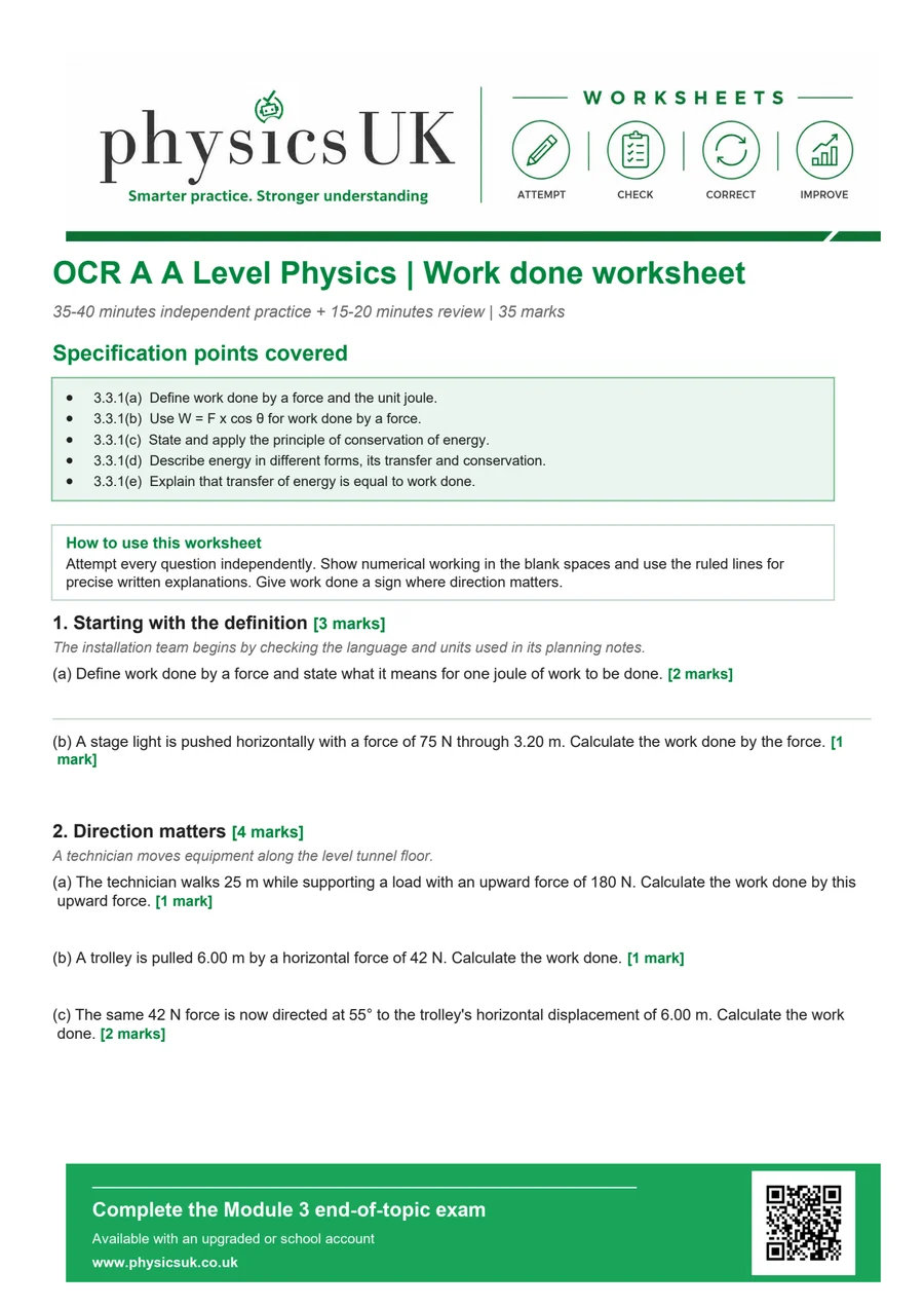 Preview of OCR A A Level Physics Work Done Worksheet
