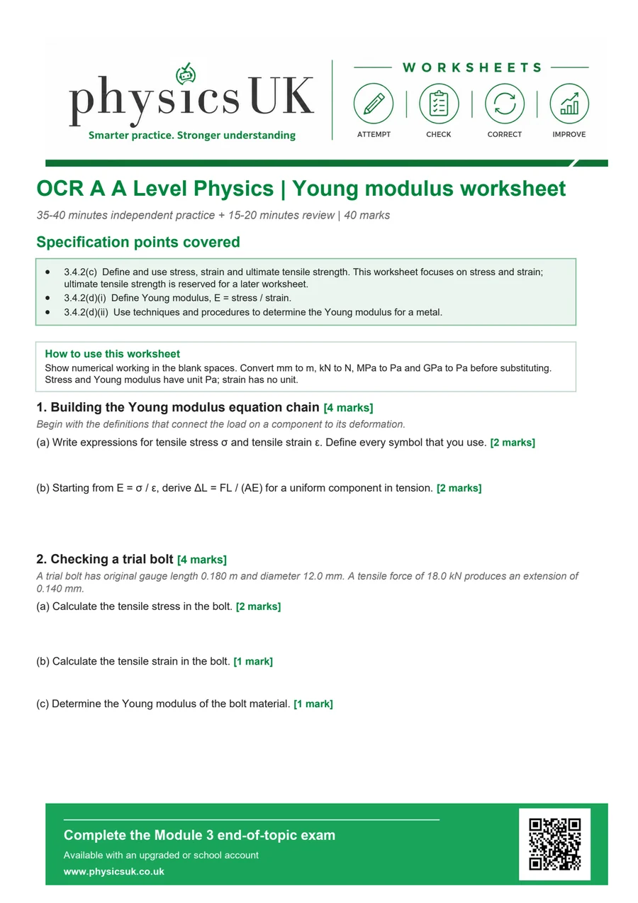 Preview of OCR A A Level Physics Young's Modulus Worksheet