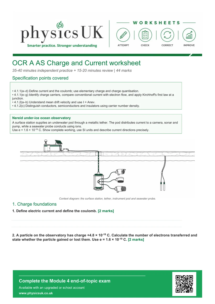 Preview of OCR A AS Physics Charge and Current Worksheet