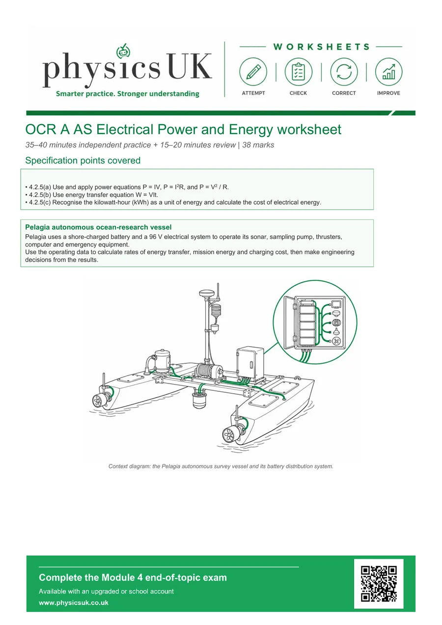 Preview of OCR A AS Physics Electrical Power and Energy Worksheet