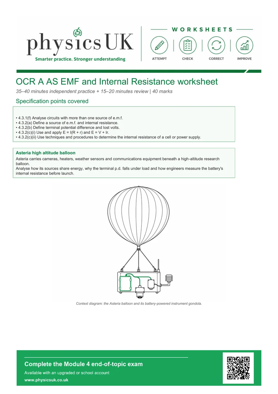 Preview of OCR A AS Physics EMF and Internal Resistance Worksheet