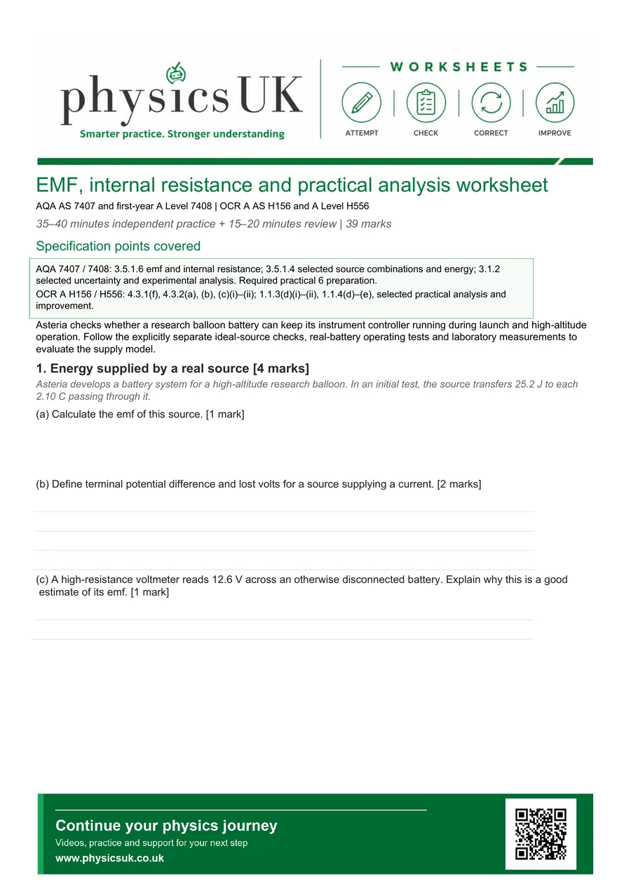 Preview of EMF, Internal Resistance and Practical Analysis Worksheet