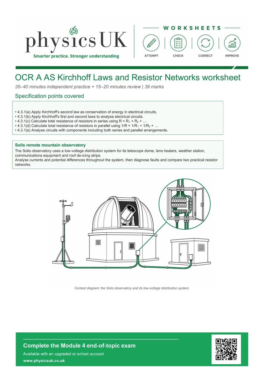 Preview of OCR A AS Physics Kirchhoff's Laws and Resistor Networks Worksheet