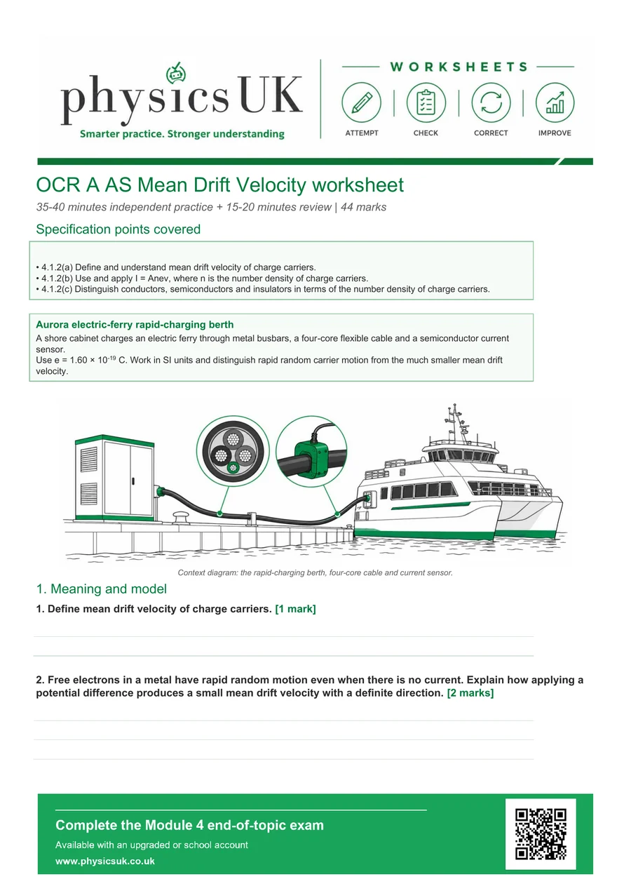 Preview of OCR A AS Physics Mean Drift Velocity Worksheet