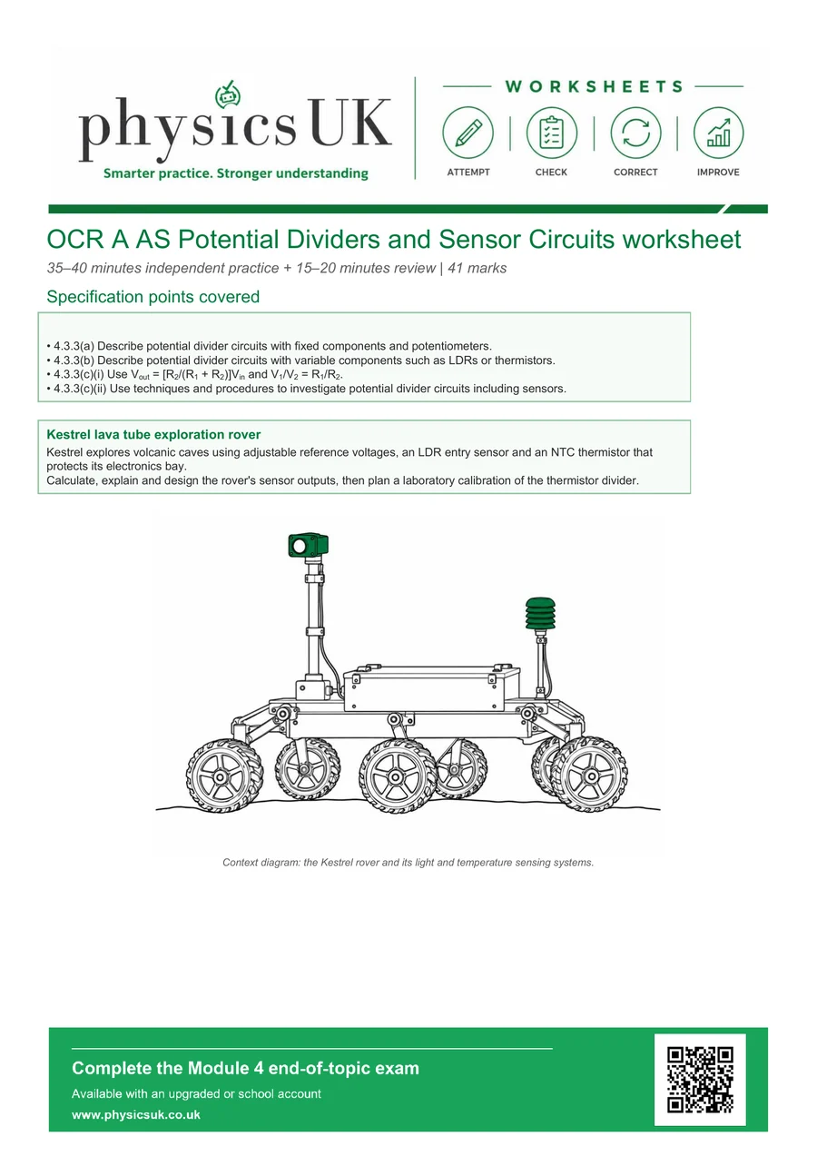 Preview of OCR A AS Physics Potential Dividers and Sensor Circuits Worksheet
