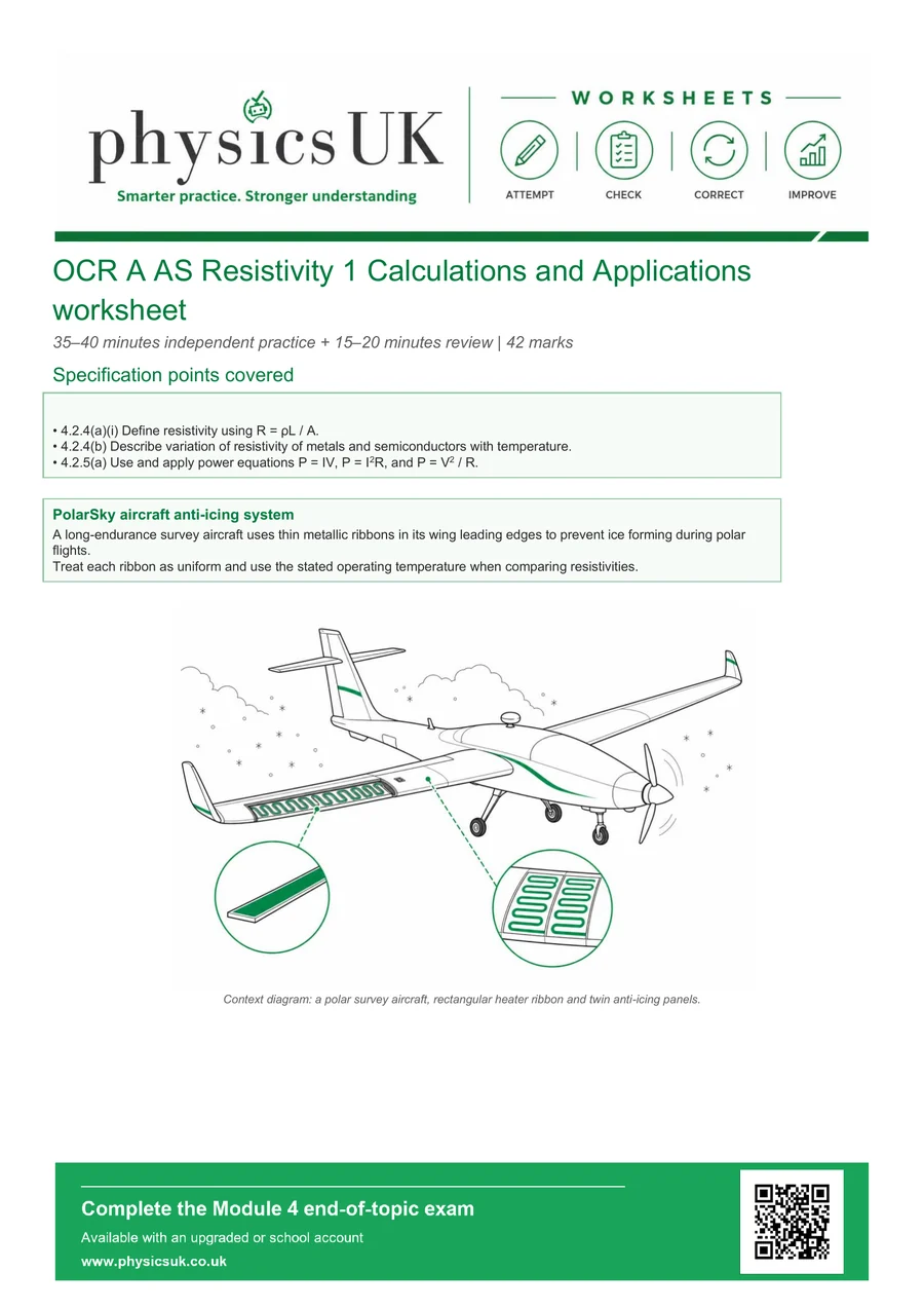 Preview of OCR A AS Physics Resistivity 1: Calculations and Applications Worksheet