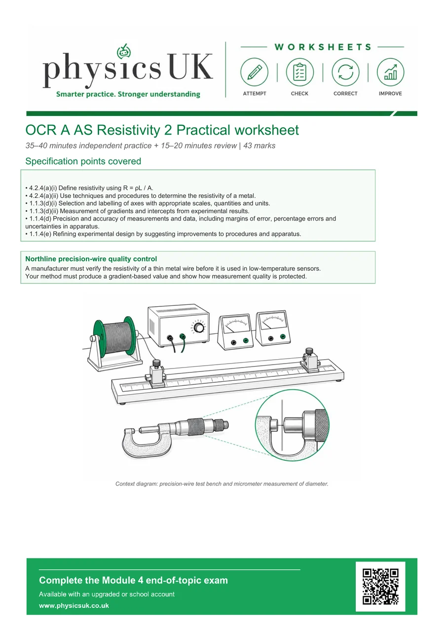 Preview of OCR A AS Physics Resistivity 2: Practical Worksheet