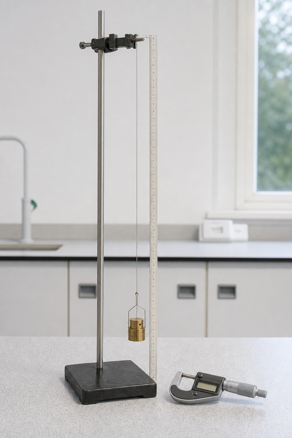 Young modulus wire apparatus with a clamp, metre rule, hanging load and micrometer screw gauge