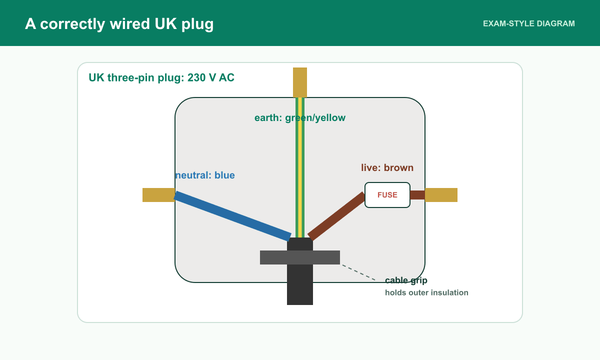 A UK plug has brown live through the fuse, blue neutral, green-yellow earth to the case, and a cable grip around the outer insulation.