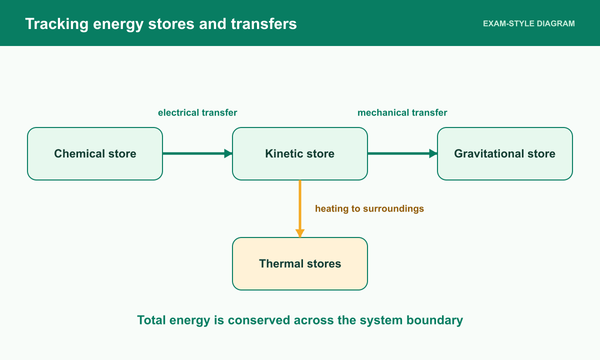 A battery-powered motor transfers energy from a chemical store to a raised load, with thermal dissipation to the surroundings.