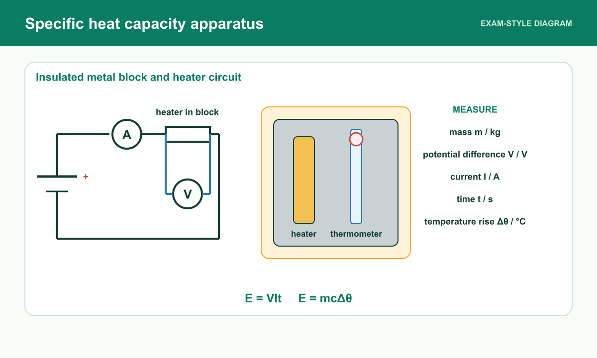 An insulated metal block contains a heater and thermometer, with an ammeter in series and a voltmeter across the heater.