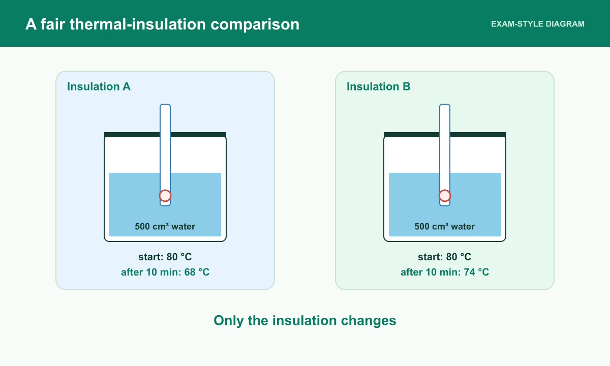 Two identical lidded containers hold equal water volumes at the same starting temperature with only the insulation changed.