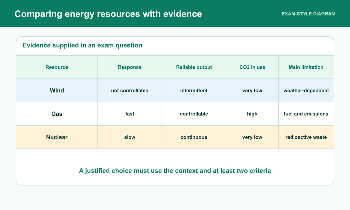 An exam-style evidence table compares wind, gas and nuclear generation using response, reliability, carbon dioxide and waste information.