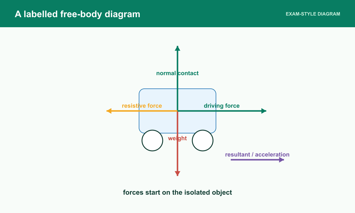 A trolley has weight, normal contact force, driving force and resistive force arrows from a common point.