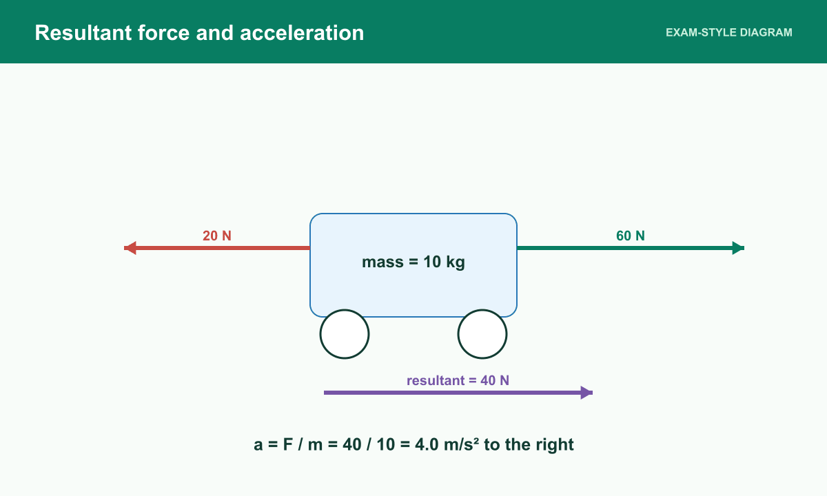 A 10 kilogram trolley has 60 newtons right and 20 newtons left, producing 40 newtons and 4.0 metres per second squared right.