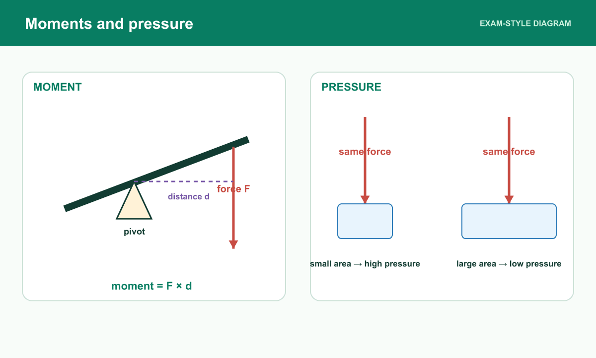 A lever shows perpendicular distance from a pivot and a second panel compares the same force over large and small areas.