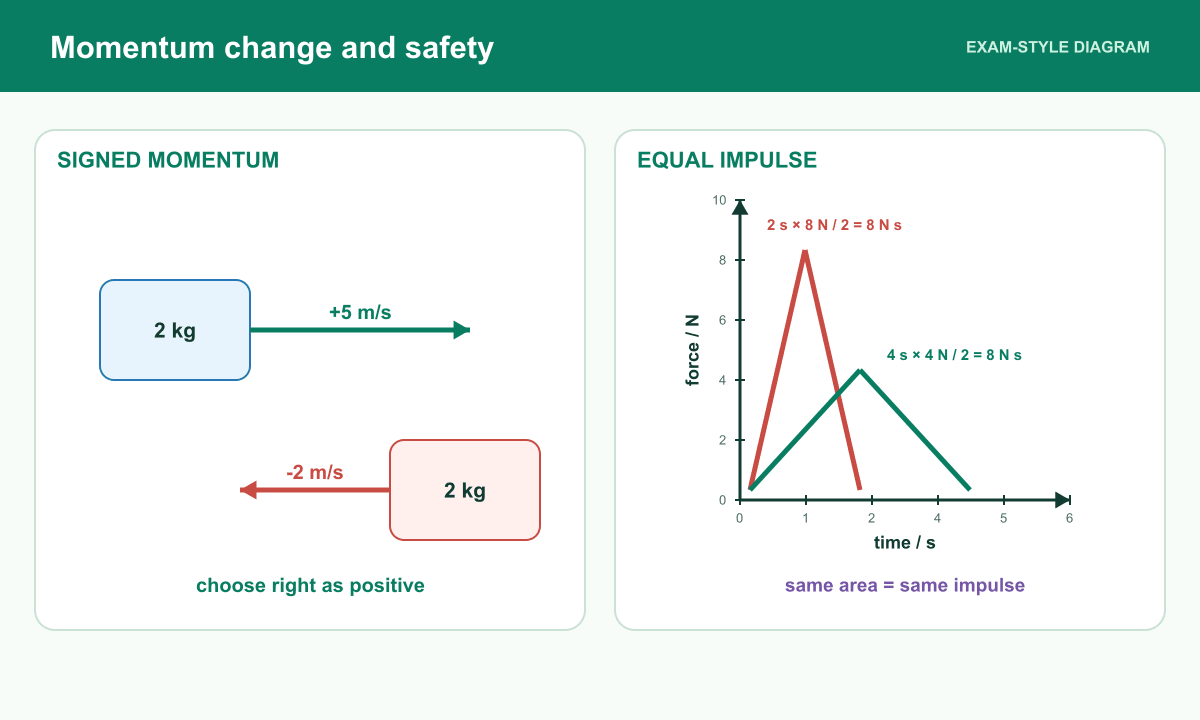 A collision diagram uses signed velocities and force-time curves show equal impulse with different stopping times and peak forces.