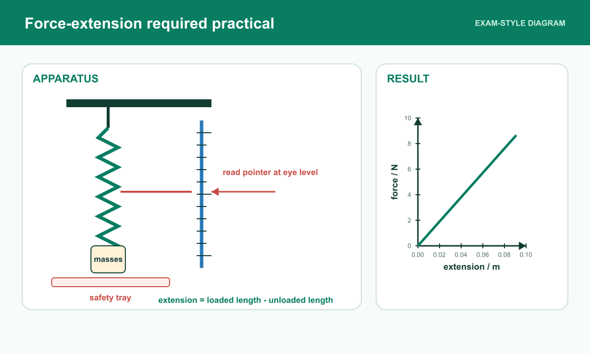A clamped spring, pointer, eye-level ruler, known masses and safety tray are shown beside a force-extension graph.