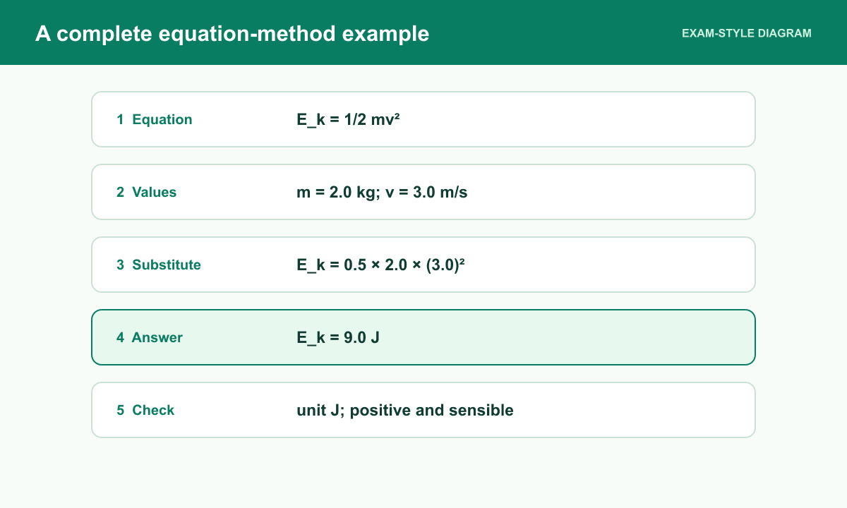 A kinetic-energy calculation shows the equation, values, substitution, 9.0 joule answer and unit check.