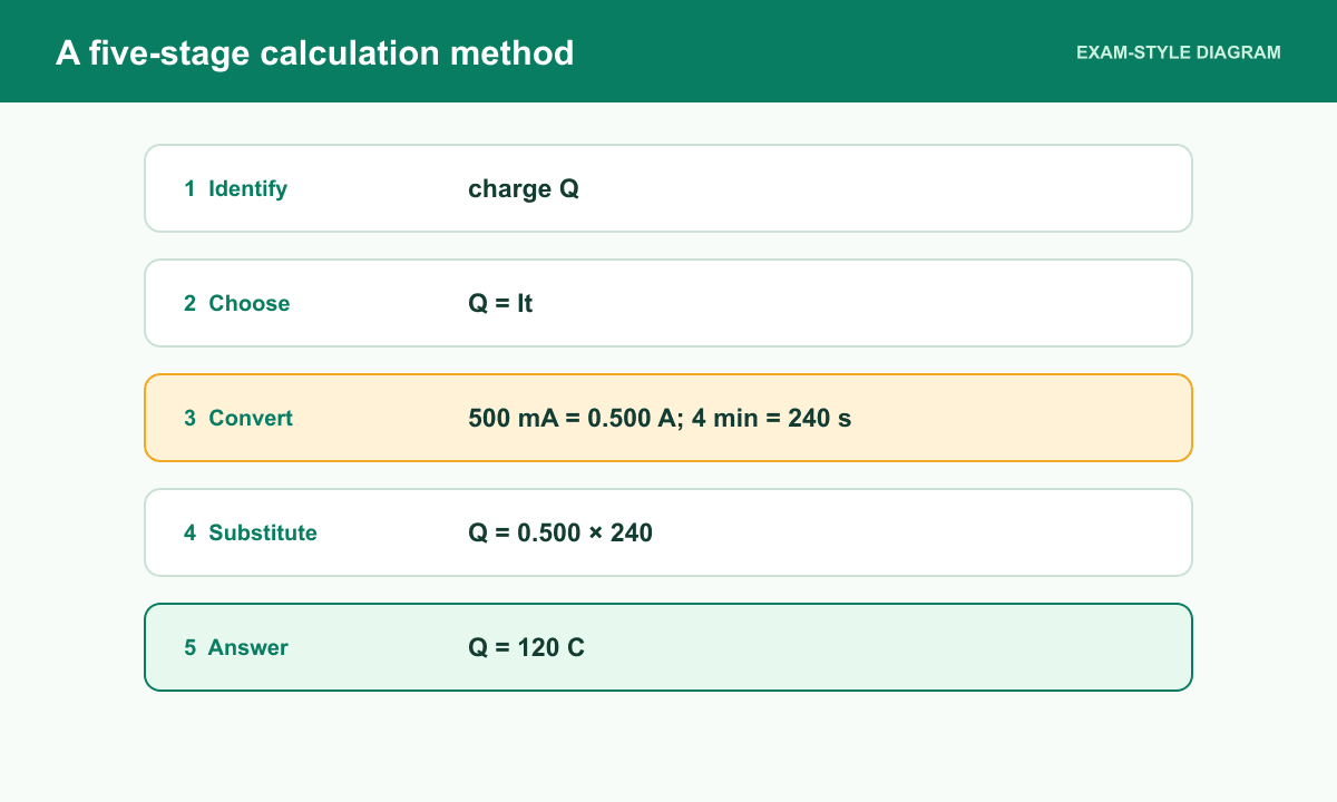 A charge calculation converts milliamps and minutes before substituting into Q = It to obtain 120 coulombs.