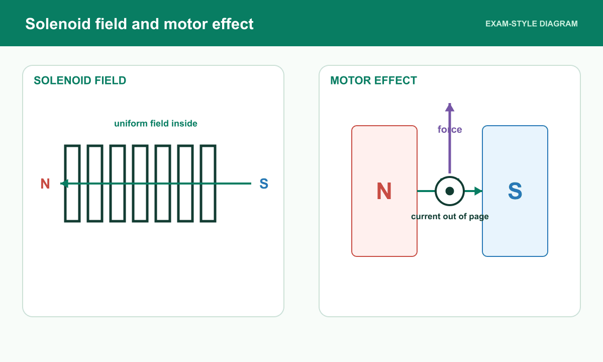 A solenoid field is paired with a current-carrying conductor between north and south poles, with force upwards.