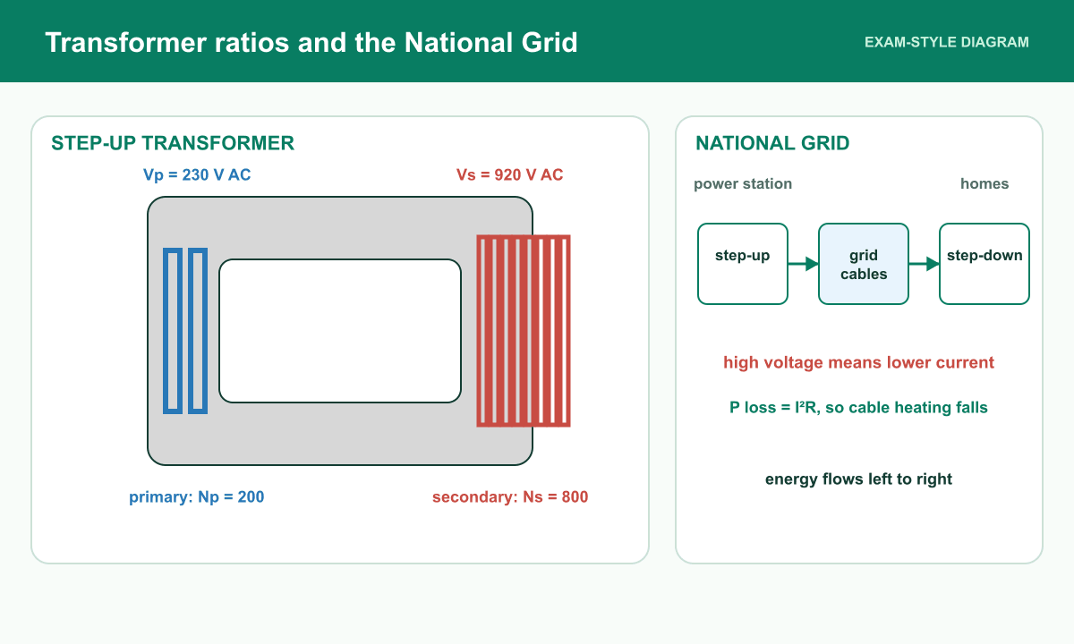 A step-up transformer on a closed iron core obeys the turns ratio before high-voltage transmission and step-down.