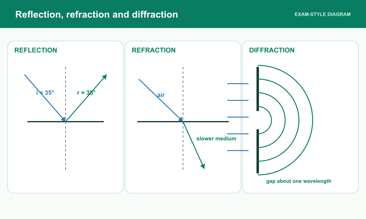 Three panels show equal reflection angles, refraction towards the normal in a slower medium and diffraction through a wavelength-sized gap.