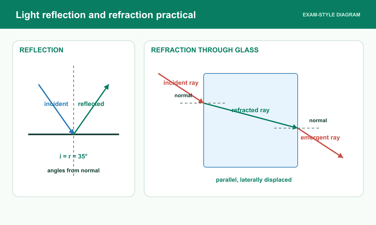 A ray passes through a rectangular glass block with normals at both boundaries and emerges parallel with lateral displacement.