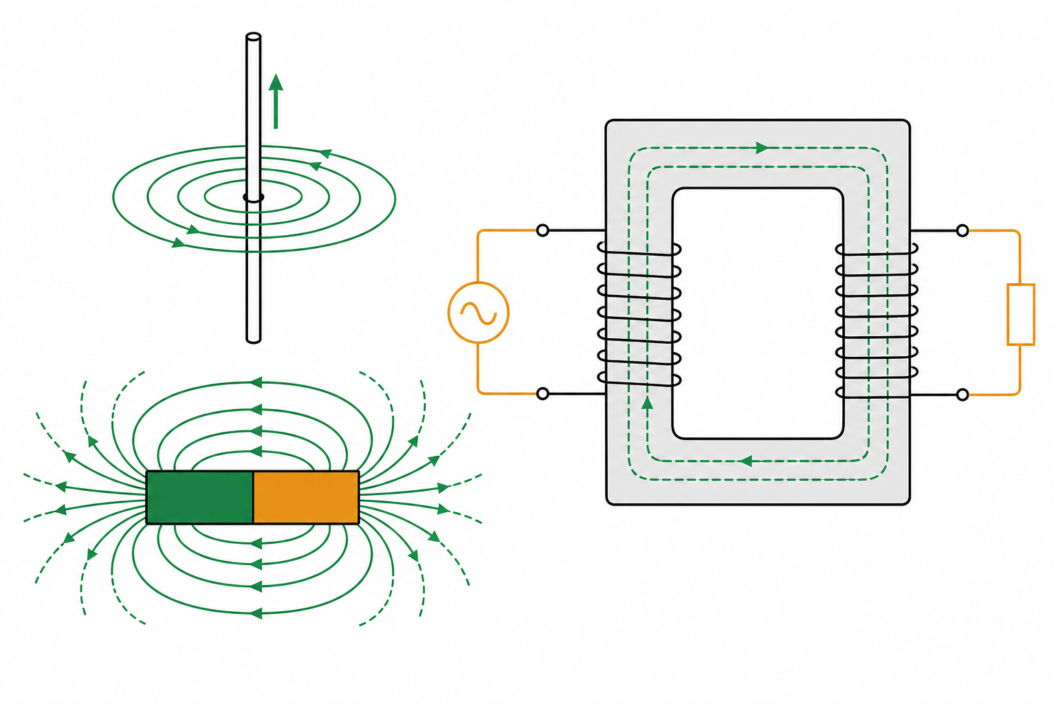 Exam-style diagram showing a magnetic field around a wire and a transformer with labelled coils