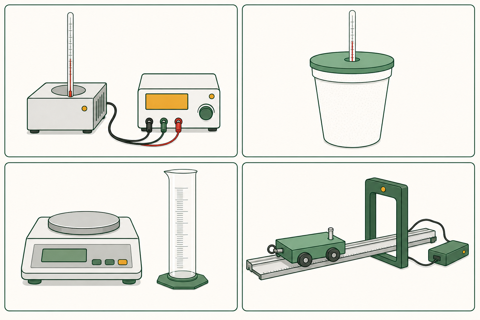 Exam-style collage of labelled GCSE Physics practical apparatus